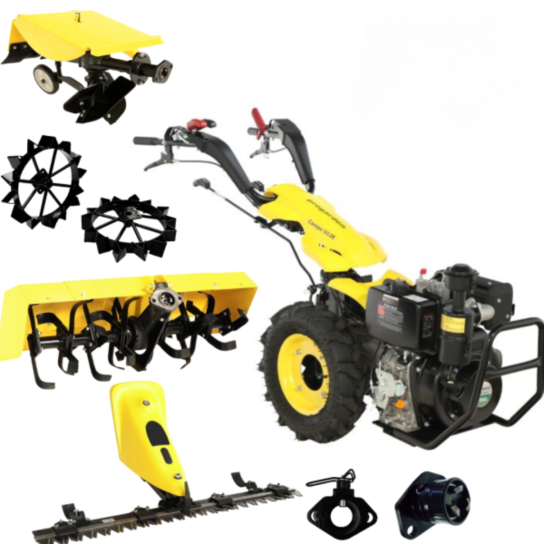 Motocultor multifunctional Campo U12E Diese 12CP cu freza tractata roti metal si plug rotativ si bara de cosire.